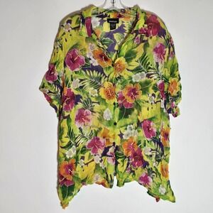 Avenue Top Womens 26/28 Multicolor Floral Tropical Beaded Sheer Button Vintage